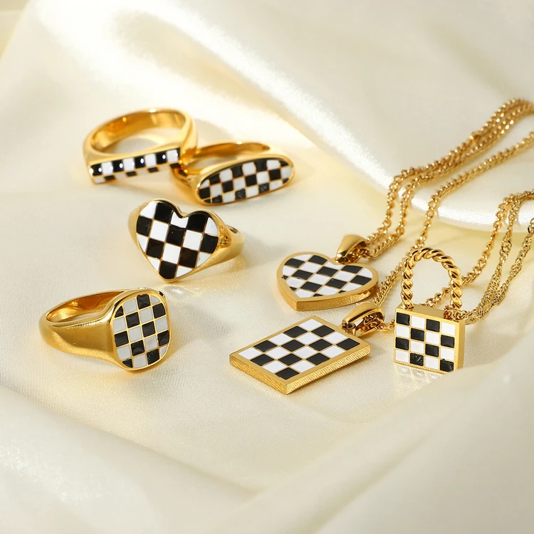

Famous brand design latest trend 18K gold stainless steel colorful enamel lattice party jewelry love checkerboard lady ring, Optional as picture,or customized