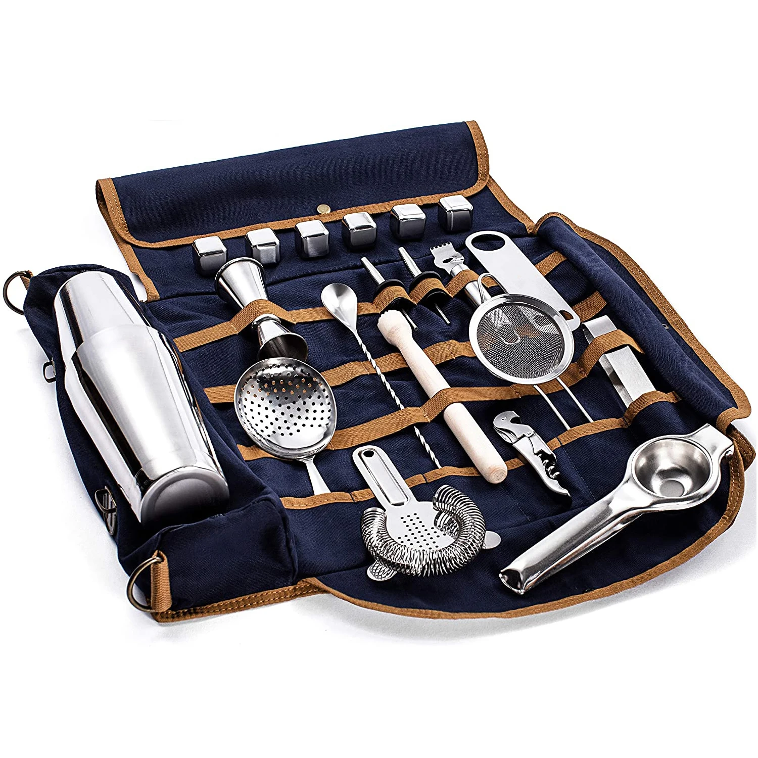 Wuyi Camol Bartender Kit 22pcs: 800ml+550ml Boston Shaker Jigger Tools Stones & Bag | Mixology Pro Set | Bartender Kit