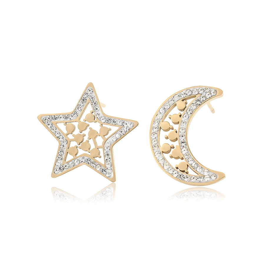80149 XUPING Hypoallergenic 14K Gold Color Hollow Cz Star And Moon Pave Stud Earrings