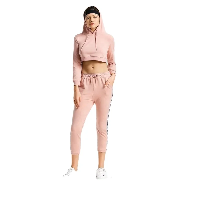 

KY wholesale active wear Striped Sporty Drawstring Hoodie With 7/8 Pants womens tracksuit, Pink, customized