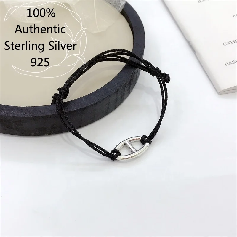 

2021 Black Rope 100% 925 Sterling Silver H Cycle Pendant Exclusive Bracelet for Couples Vintage Wholesale Jewelry Valentine Day