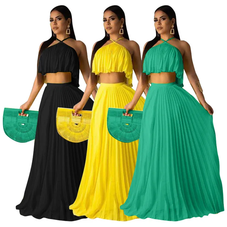 

L06840 2021 Formal Ladies 2 PCS Spaghetti Strap Crop Tops Ruffled Maxi Skirt Party Ball Sexy Plus Size Women Two Piece Set, Picture