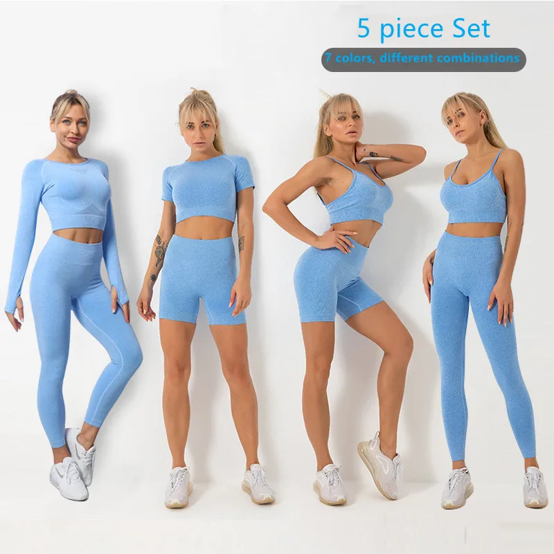 

Dropshipping 5 piece women sportswear active fitness suit workout sport wear gym clothing seamless 5 pcs yoga set, Blue gray green purple orange red lt.orange