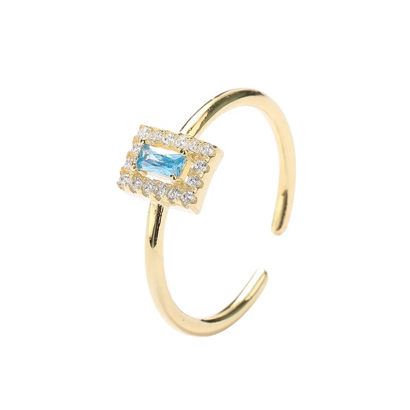 

New product adjustable size square with blue zircon jewelry silver ring women