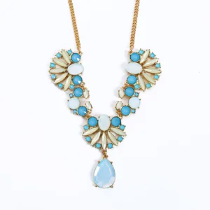 xl00530 Clear Style Gold Plated Handmade Flower Grass Plant Waterdrop Statement Necklace