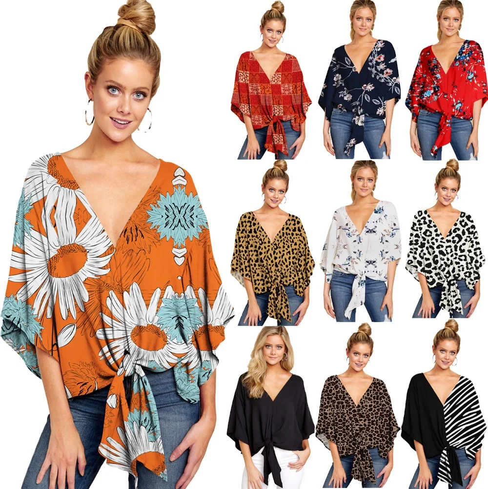 

women's shirts spring/summer V-neck short-sleeved knotted print blouse, 13 colors