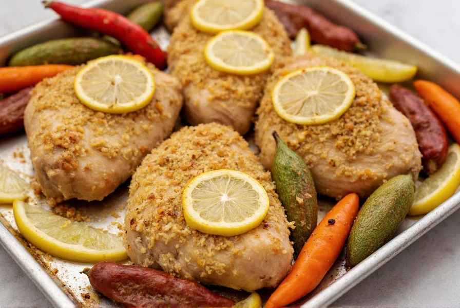 Oven roasted chicken breasts with golden lemon pepper crust on baking sheet with vegetables