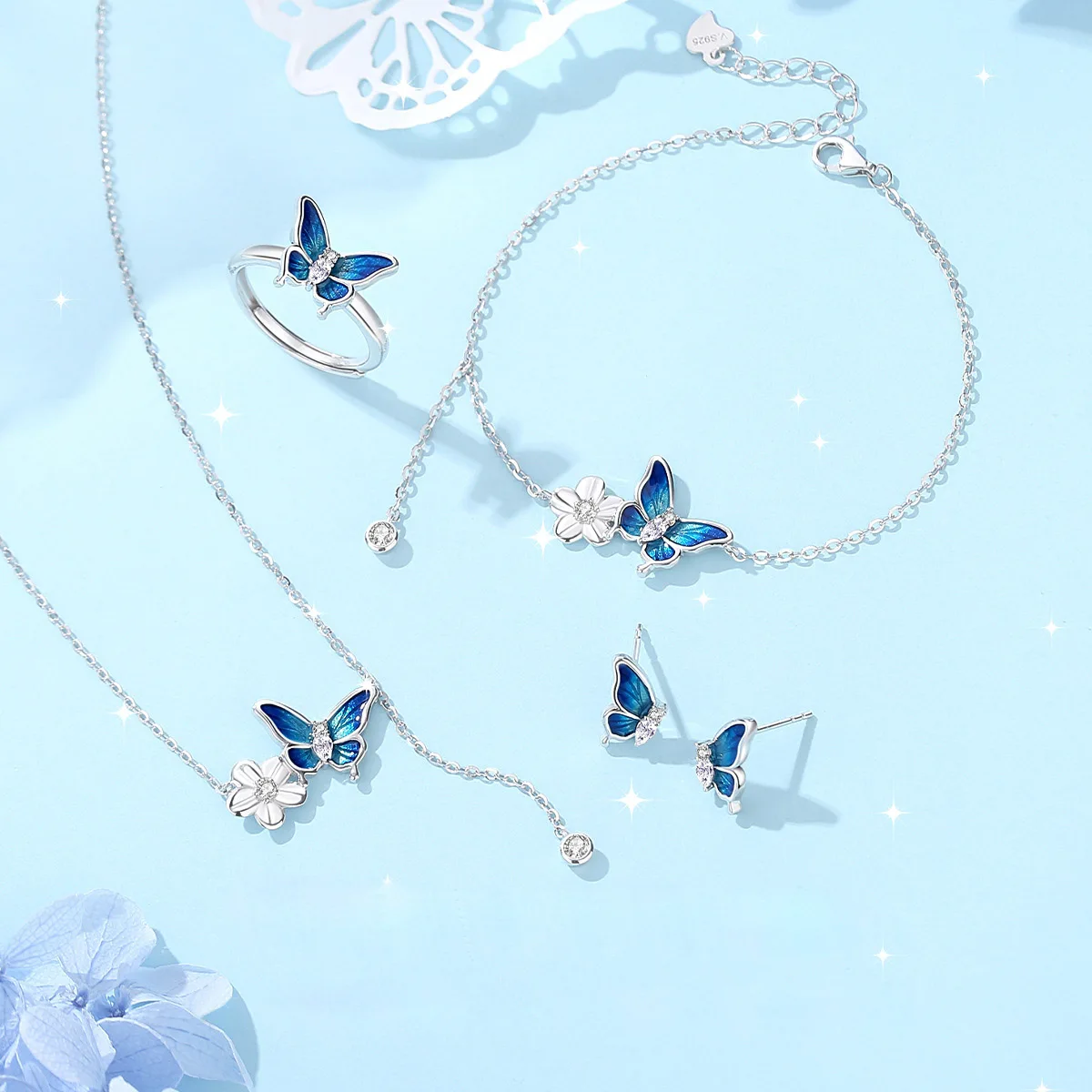 

VANA Exquisite Fine Jewellery Set Blue Epoxy 925 Sterling Silver Necklace Bracelet Earrings Ring Cute Butterfly Jewelry Sets