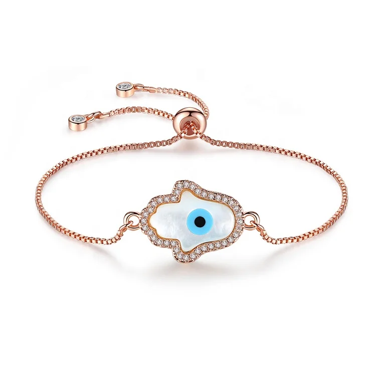 

Micro Pave Clear CZ Eye Shell Hamsa Hand Connector With 4mm Round Beads Chain Adjustable Bracelets, Silver