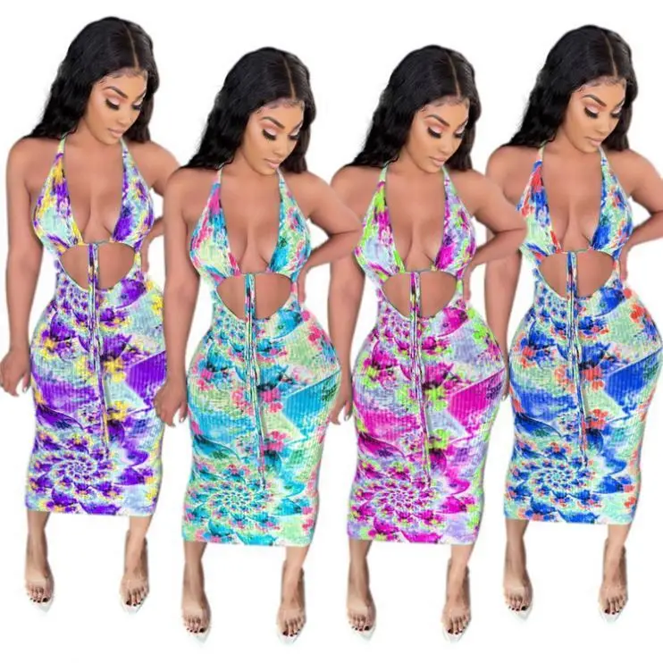 

MISSMOEN Summer Sexy Ladies Long Midi Dress Knit Tie Dye Halter Backless Bodycon Sun Dress Women For 2021 Printing Bandage