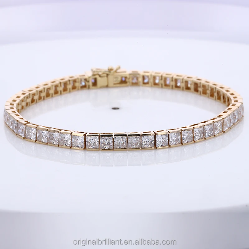 

Hot sale linear bracelets princess cut 3x3mm synthetic moissanite diamond tennis bracelet 14K yellow gold in stock, Ef vs