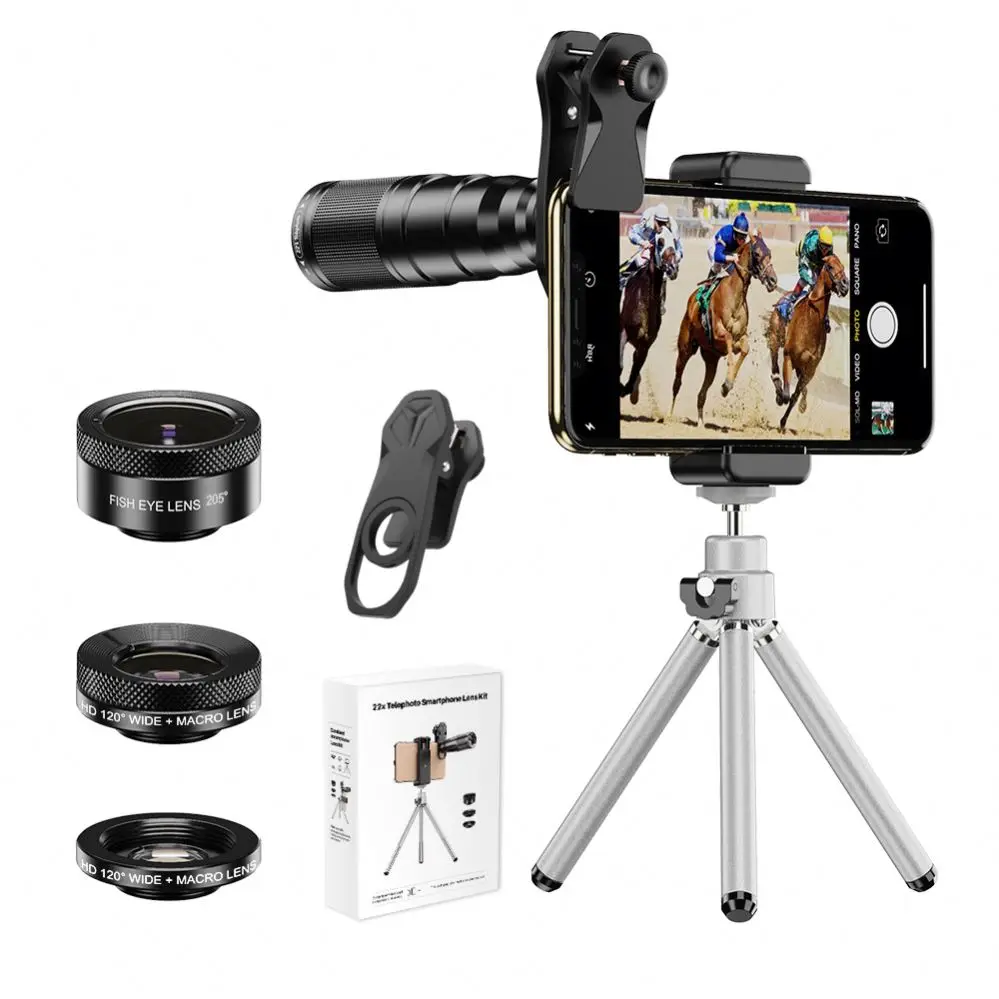 

Professional 4K 4 In 1 smartphone selfie Lens 22X Zoom Cellphone Camera Telescope Lens Wide Angle Macro Fisheye Lens Kit, Black