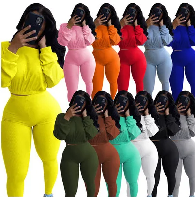 

Fall 2021 women clothes knit rib tight two solid casual pants 2 piece set