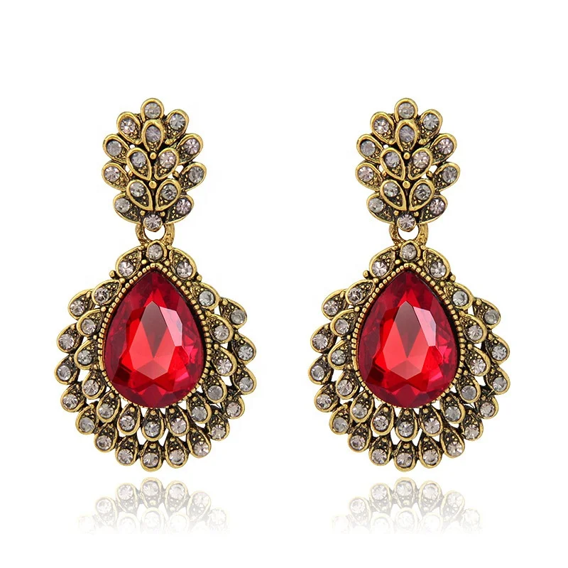 

Wholesale Fashion Vintage Hollow Flowers CZ Ruby Pendant Earrings Jewelry For Women