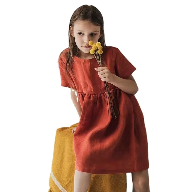 

Summer Toddler Girls Dress Short Sleeve FOREST Solid Back Wood Button Princess Girls Dress A-line Cute Fashions Dress Kids