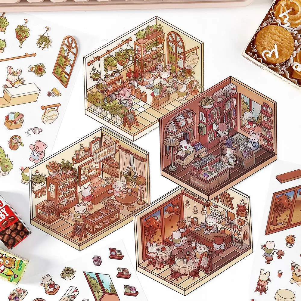 1 Piece/pack PET Stickers Open Today Cute Style Handmade DIY 3D Landscape Cabin Collage Series