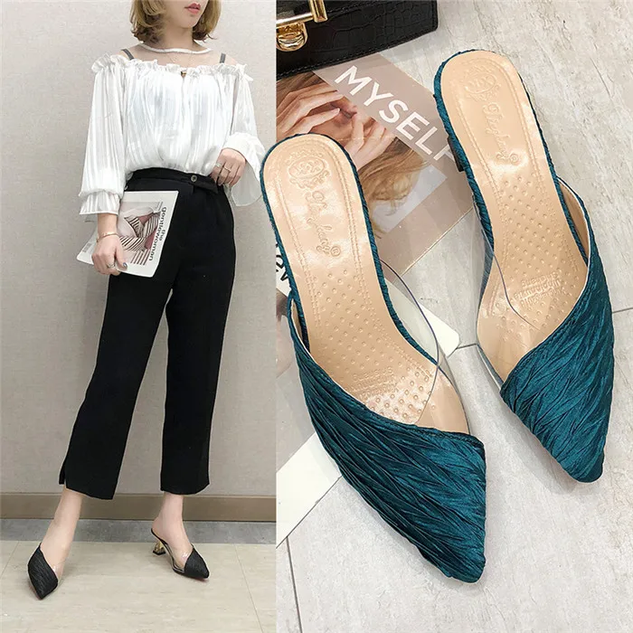 

High quality new listing 2021 summer pointed toe closed toe half slippers women's stiletto heel mid heel fashion Daily sandals, Green, black, beige