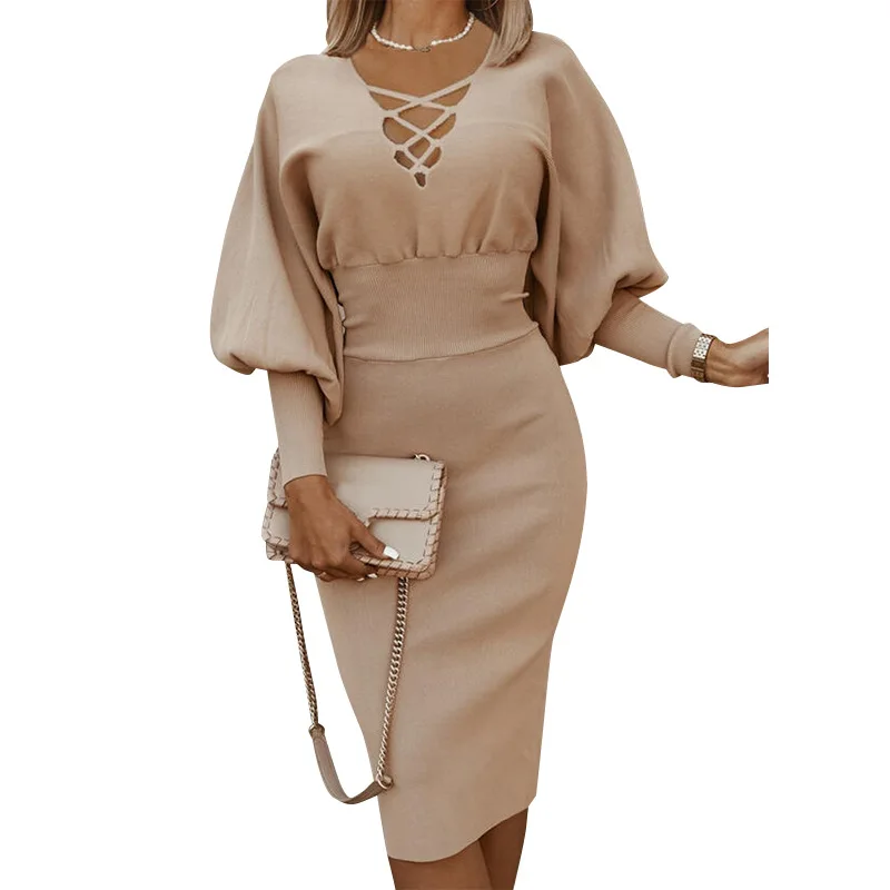 

B54235A Euro-America lady fashion elegant v neck long sleeve knitting dress