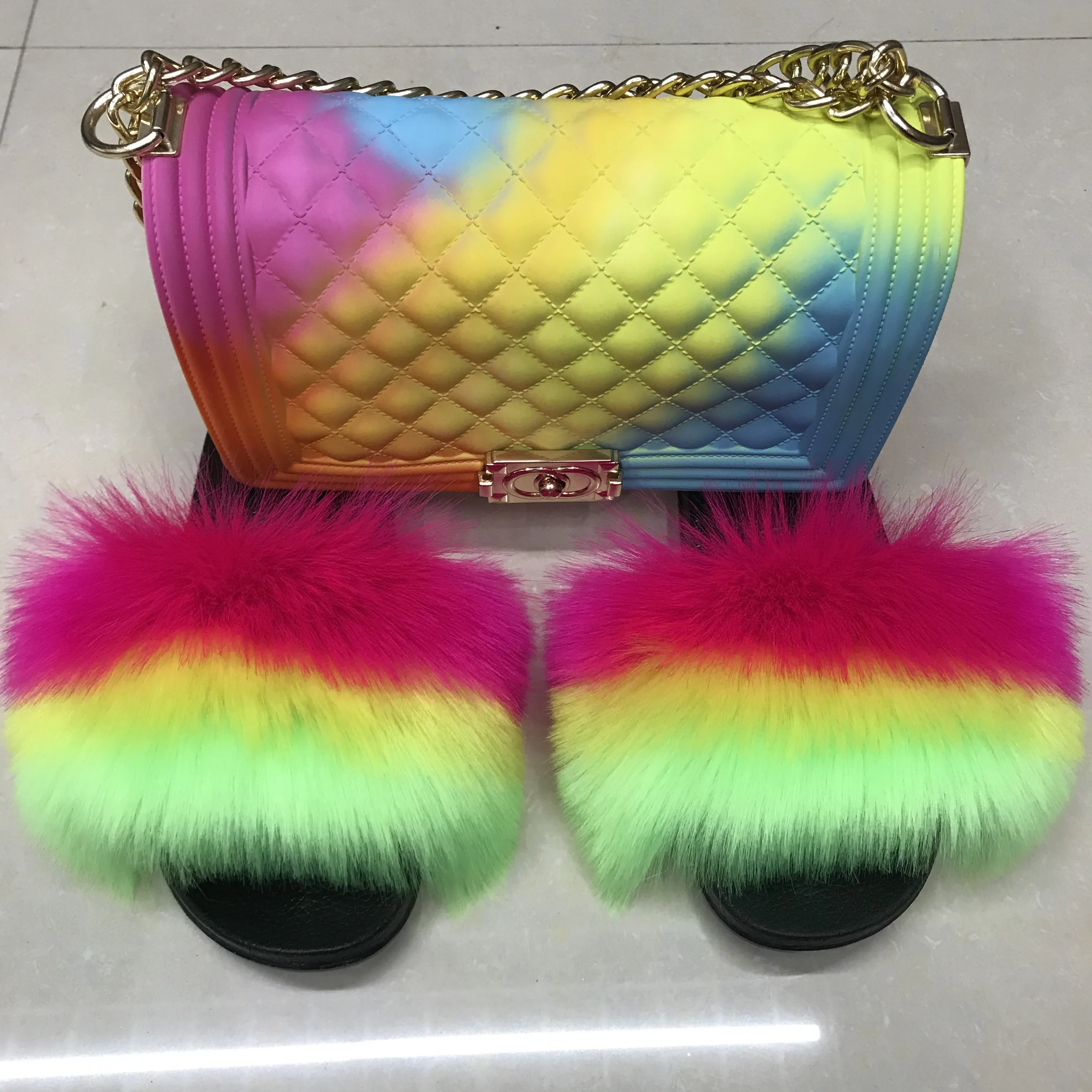 

faux fur slides and purse fox fur slides fox fur slippers and purse set, Customized color