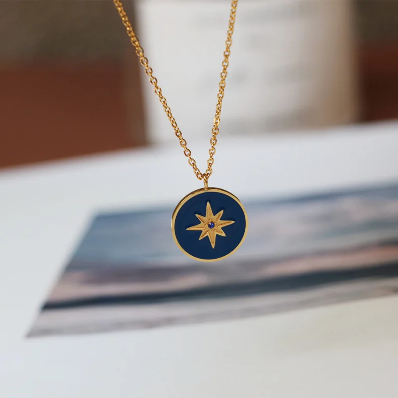 

fashionable 18k Women Gold Jewelry Blue Enamel Marine Eight Star Stainless Steel Six-pointed North Star Pendant Necklace, As picture