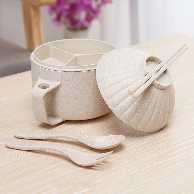

microwavable safe Eco friendly lid handle wheat straw plastic Japanese noddle bowl with cutlery set