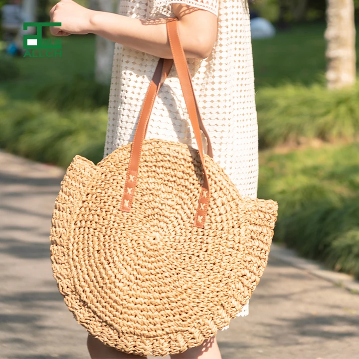 

Straw Beach Bags Crochet Weave Cotton Lined Pocket Natural Summer Women Hand Make Tote Bags