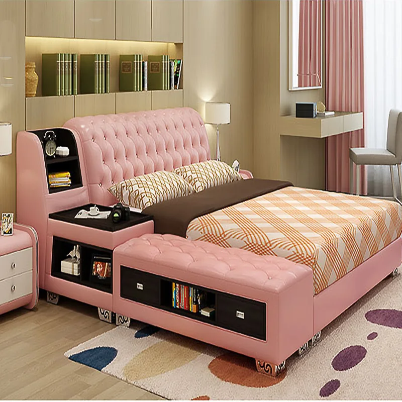 Hot Sale Leather Multifunction Bed With Storage Box And Bookcase Bed Fashionable Multifunction