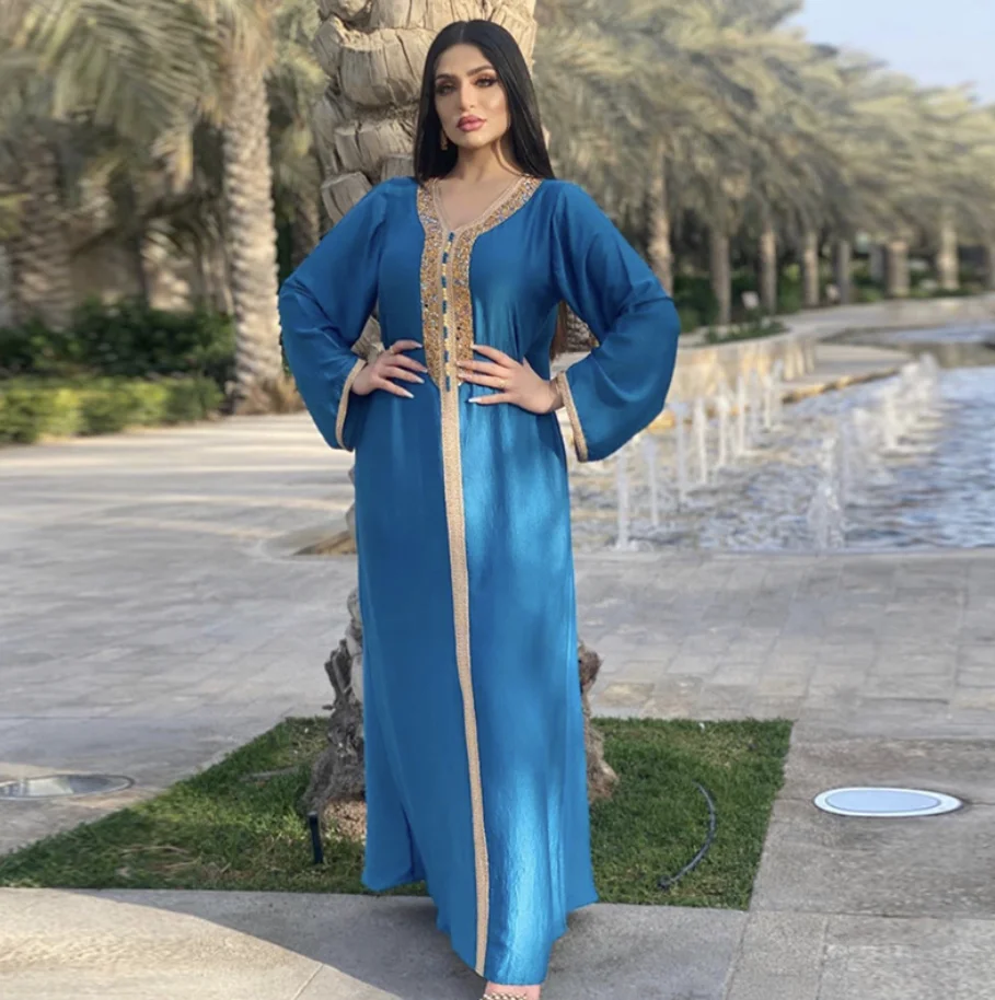 

2021 Hot Sale Middle East Women's Diamond Dress Muslim Islamic Collection Ladies Kaftan Moroccan Dresses Islamic Clothing Abaya, Customers' requirements