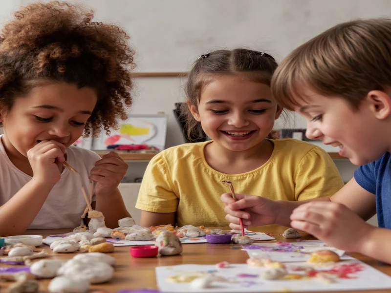 Diverse group laughing while painting rocks at craft night