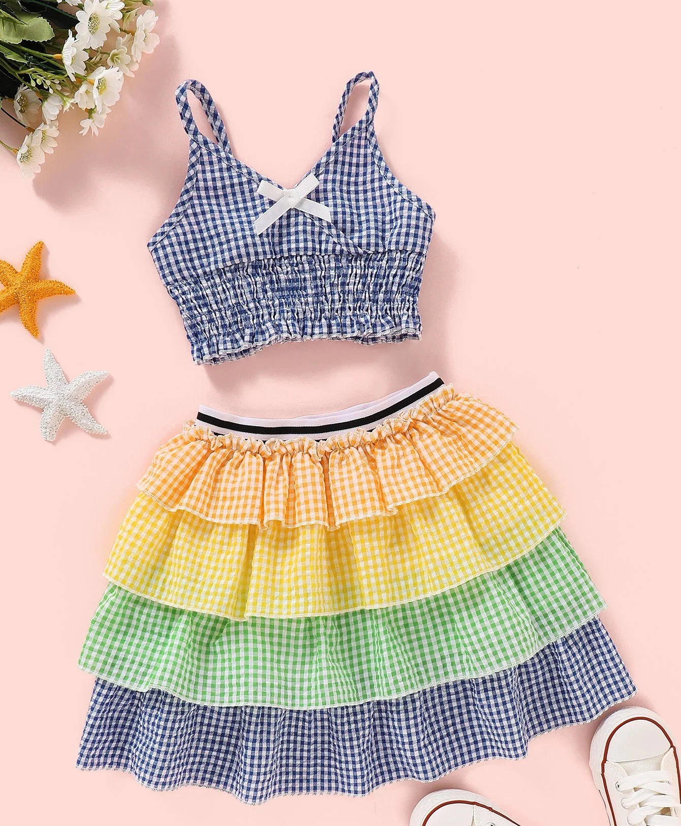 

New fashion Toddler Girls Clothing set ruffled summer sleeveless plaid top and layered rainbow skirt set clothing for kids, Picture shows