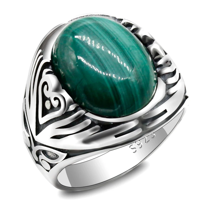 

Men's Ring 925 Sterling Silver with Natural Malachite Turkish Men's Style Two Tone Fashion Jewelry Spot Wholesale