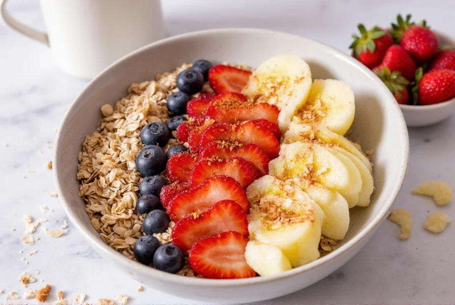 Healthy breakfast bowl with oats, fruits, and cinnamon sprinkled on top