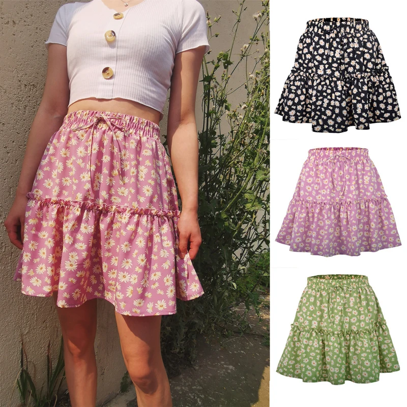 

Cowinner 's Bohemian Flower Print High Waist Ruffle Skirt Flared Boho A-Line Pleated Skater Mini Skirt, As picture show