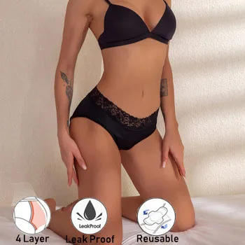 

Leak Proof Menstrual Panties Cotton Panties Women lace Physiological Celana dala Breathable Period Waterproof bragas, Black