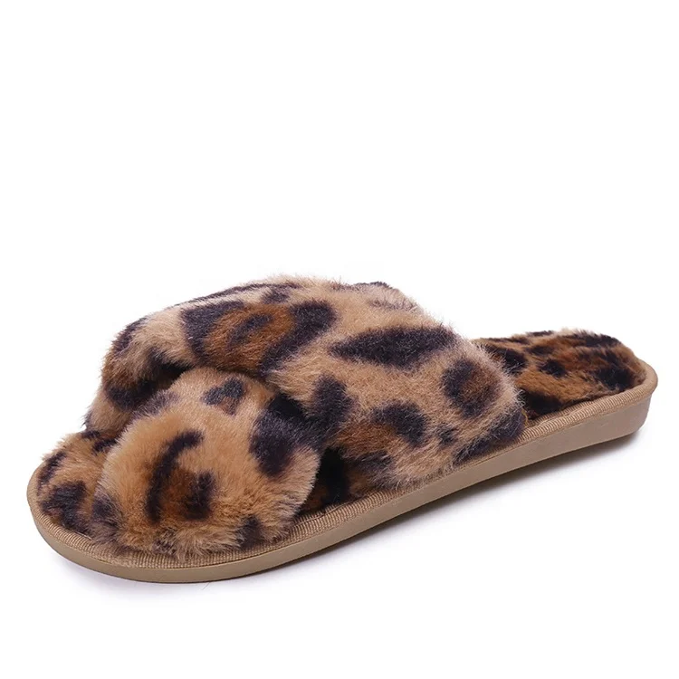 

MIO Hot Furry Cross Slippers Leopard Print Indoor Women's Faux Fur Slippers, Brown,blue,grey,pink