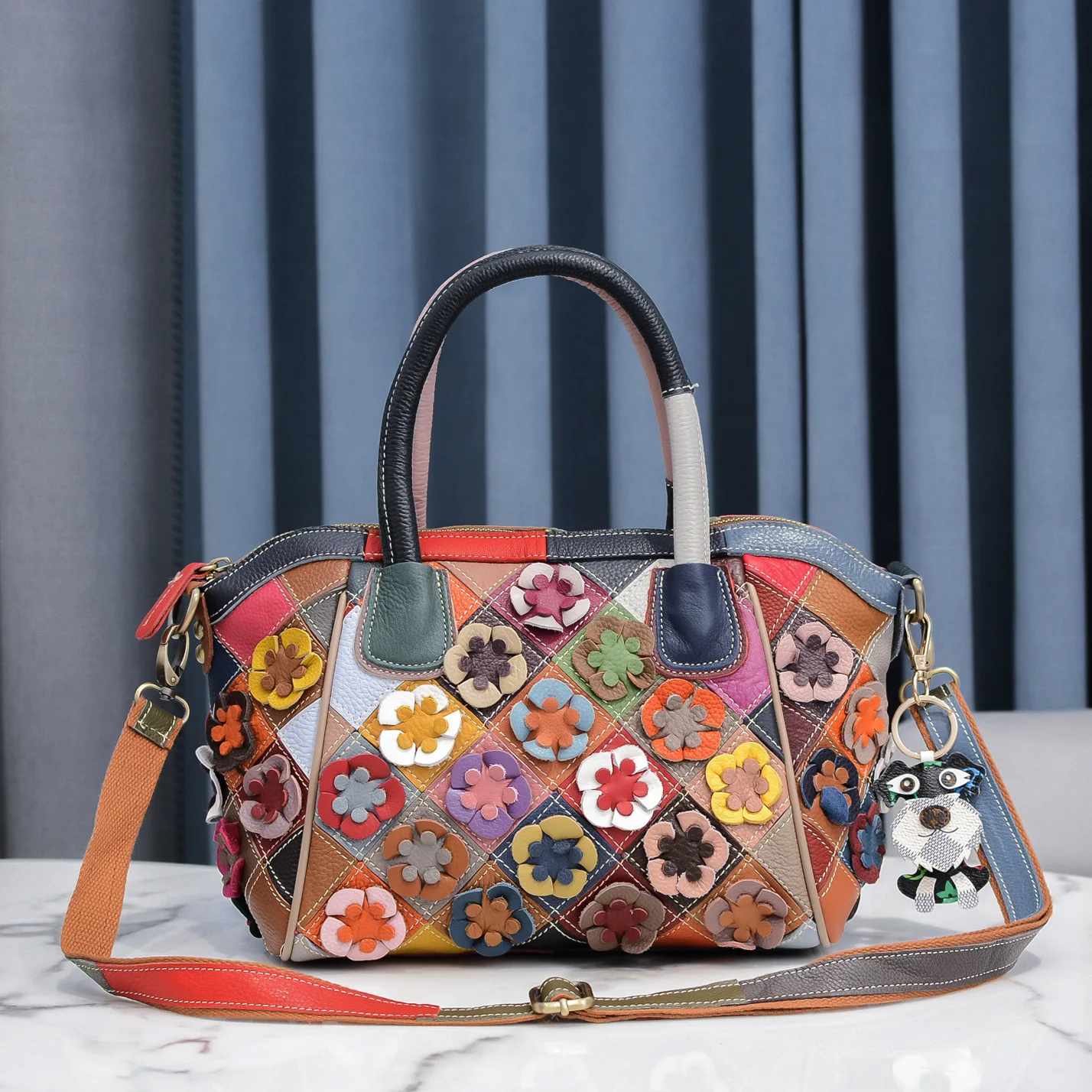 

Westal 2021 new flower color stitching leather bag fashion trend female handbag ladies diagonal bag Genuine Leather Handbag