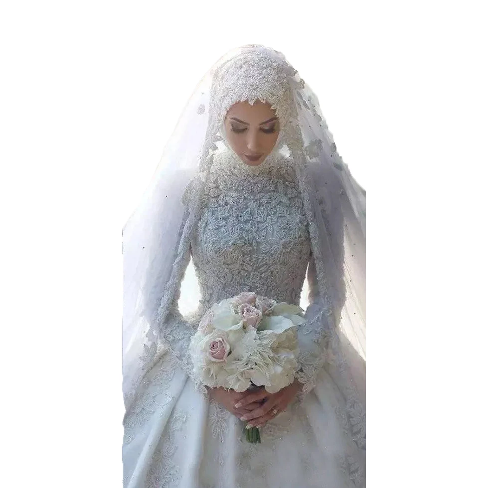 

New foreign trade wedding dress wholesale muslim bride lace long sleeve wedding dress custom, White