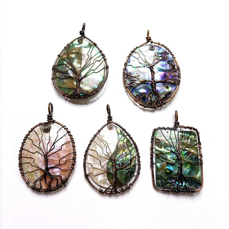 

Natural Abalone Shell High Quality Product Handmade Bohemian Boho Pendants Life of Tree Pendant Stone Rainbow Crystals Necklaces, Multi natural pendant