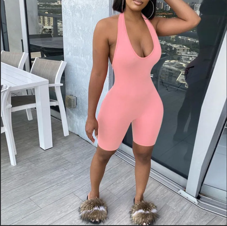 

Bodycon Solid Color Short Halter Fitness Yoga Short Rompers Bodysuits Jumpsuit Women Bodysuits Rompers Womens