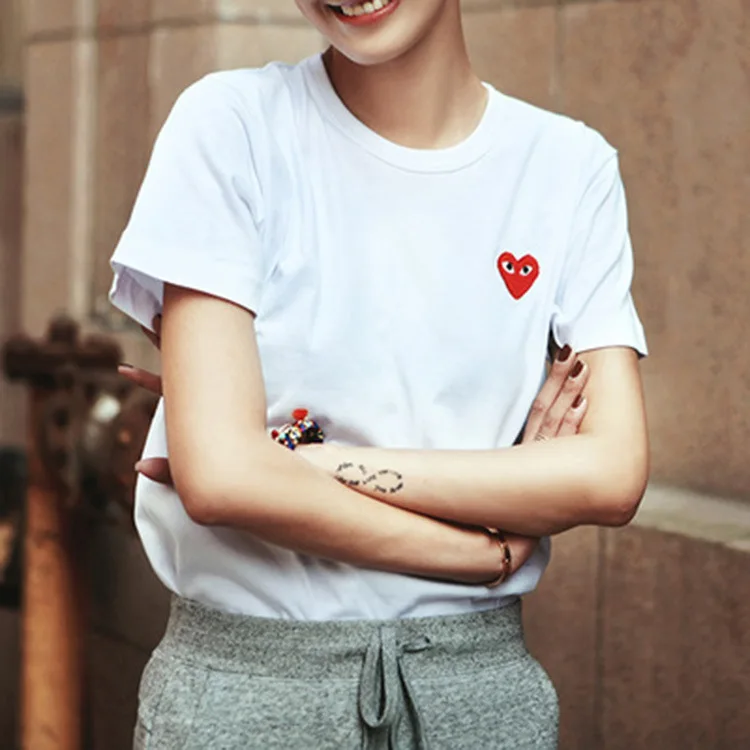 

High quality regular fit round neck embroidered red heart women cotton t shirt