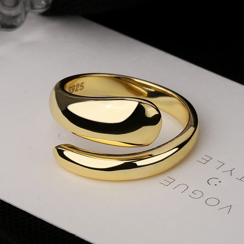 

New Sterling Silver 925 Rings Glossy Gold Plated Water Drop RingJewelry Women Fashion Thick Band Ring