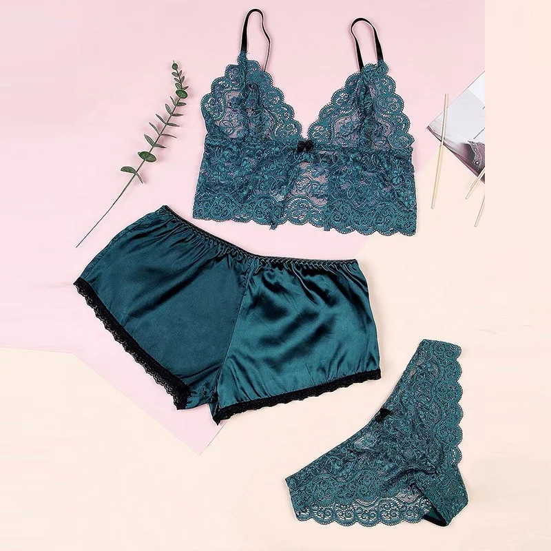 

B24402A Sexy lace silk three-piece homewear women cheap pajama set