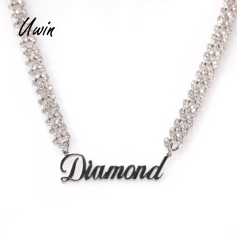 

Stainless Steel Name Plate Necklaces 9mm CZ Cuban Chain Necklace Personalised Name Plates Rapper Jewelry, Silver, rose gold or custom for you