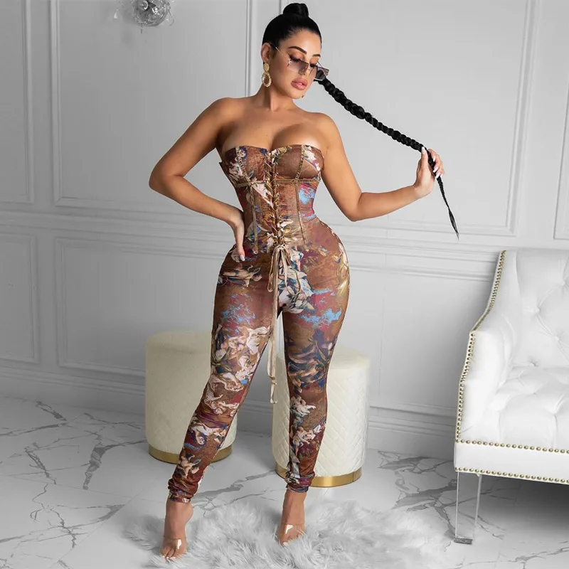 

Wholesale Custom Printing Lace Up Rompers Push Up Women One Piece Jumpsuit, Brown