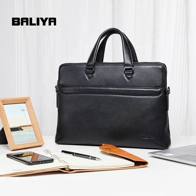 

BALIYA Factory Wholesale Genuine Leather Black Portfolio Leather Office Briefcase Portfolio Messenger Bag For Men Leather, Black or customized