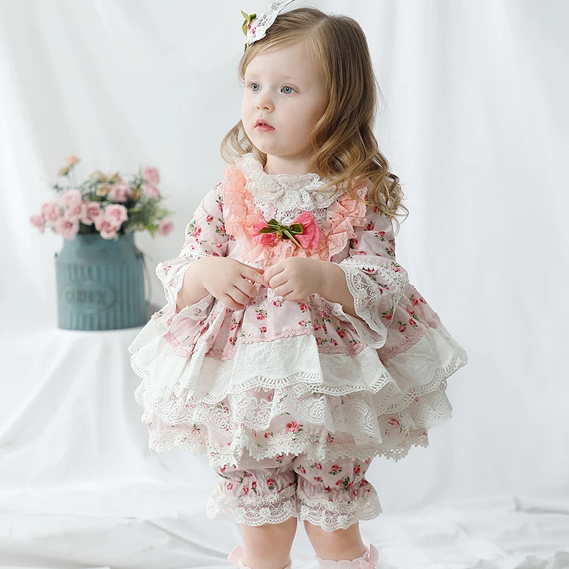 

High Quality Flower Vintage Spanish Kids Dress Long Sleeve Baby Girl's Winter Dress, Picture shows