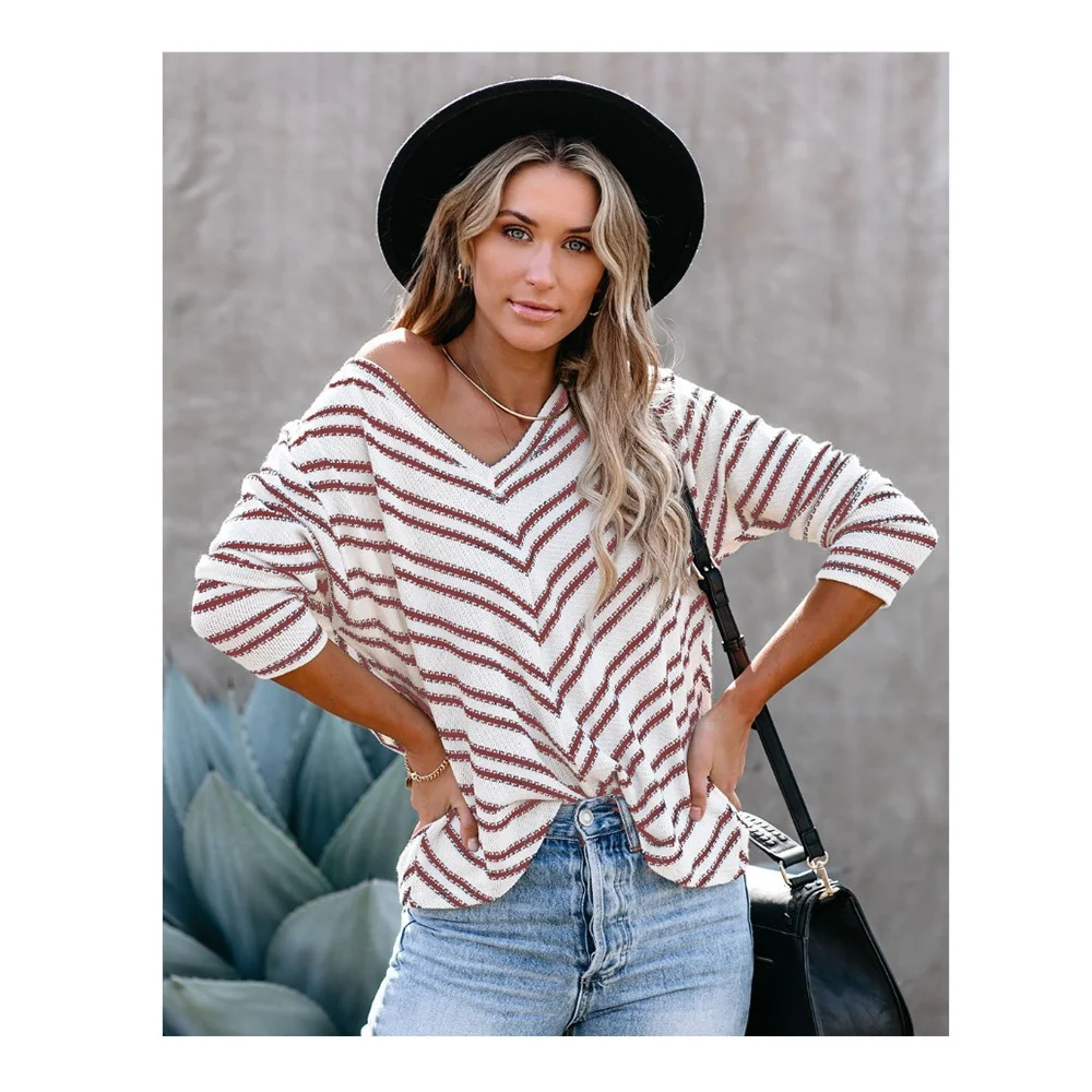 

Women New Selling V-Neck Striped Casual Tops, 7 colors