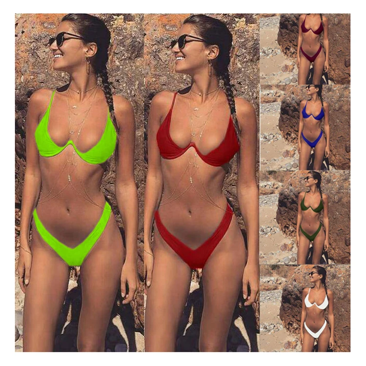 

Wholesale custom women bathing suits 2 pieces swimsuit bikini thong sets, As show