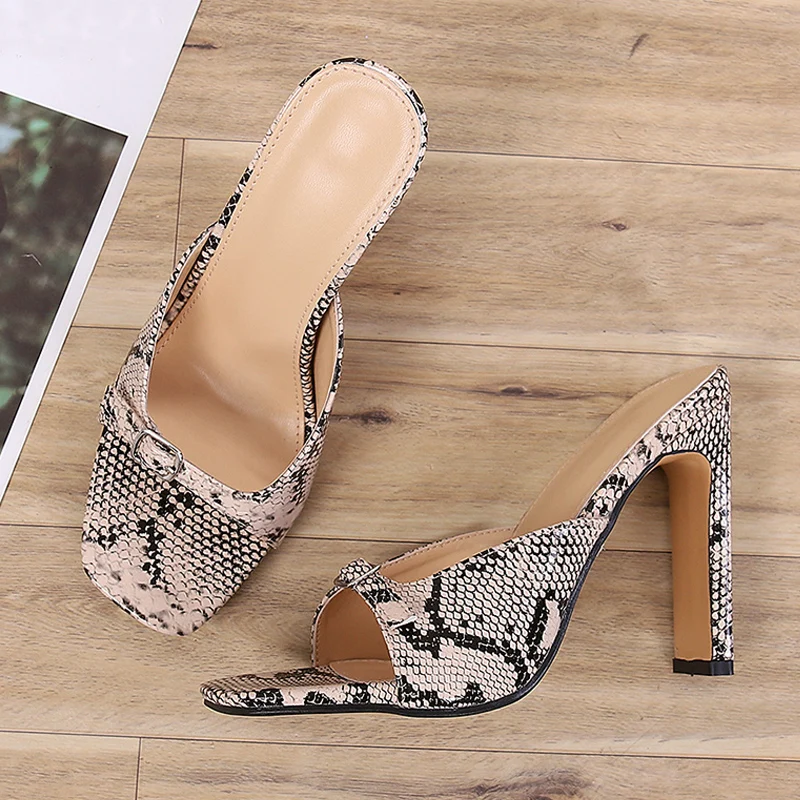 

Sexy Snake Print Square High Heels Women Slippers Summer Gladiator Open Toe Ladies Sandals Sliders Shoes Size 35-42