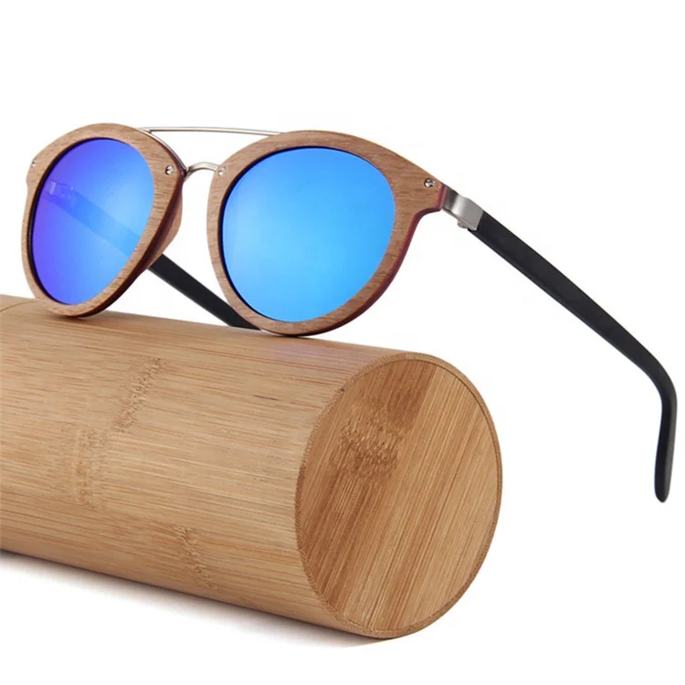 

New trendy double beam glasses fashionable metal hinge round frame sun glasses bamboo wooden polarized sunglasses, Mix color or custom colors